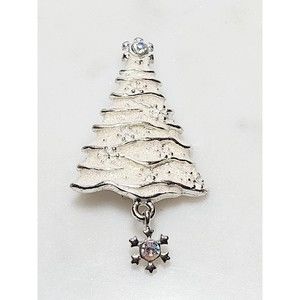 Christopher Radko White Enamel Christmas Tree Brooch Signed Snowflake Charm